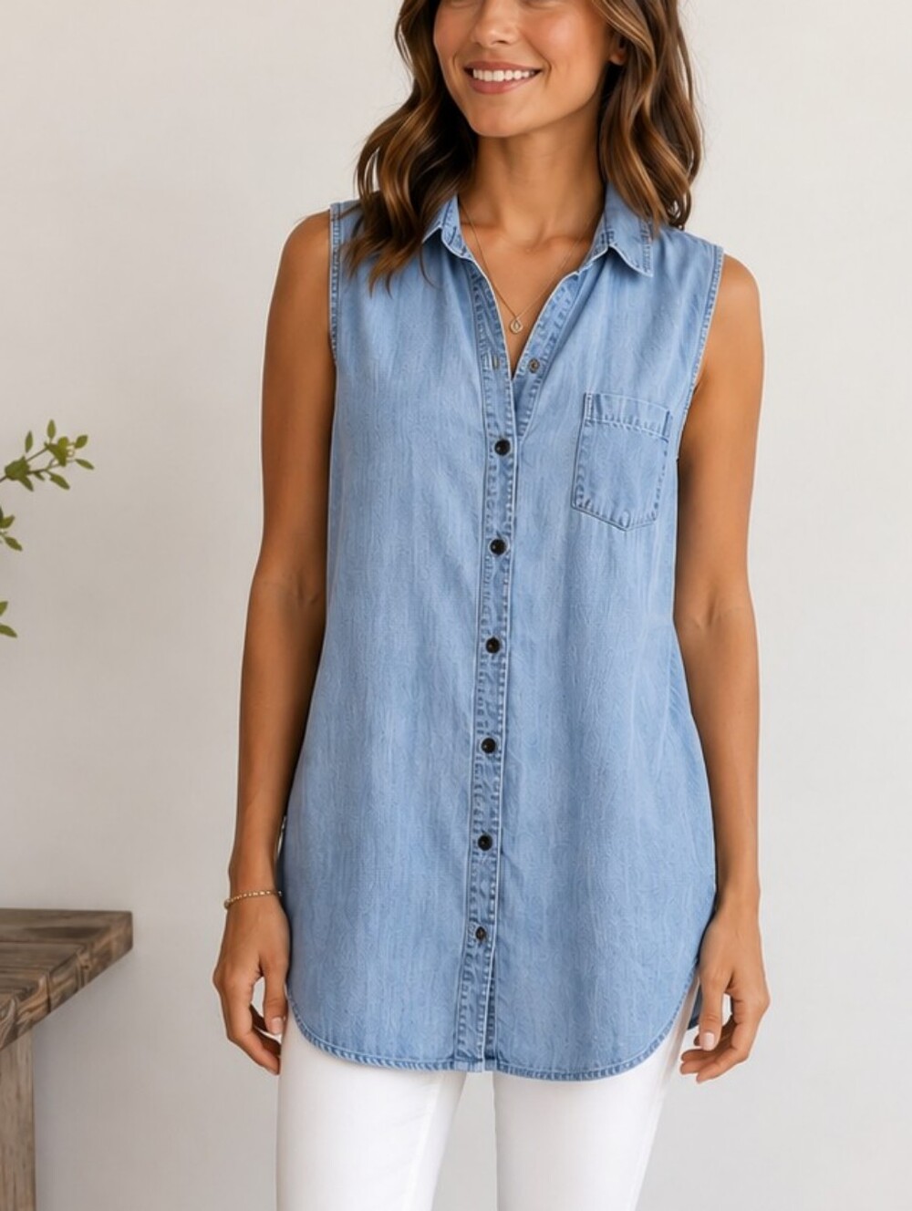 RVCA Chambray Sleeveless Button Front Tunic Shirt Dress Blue Large